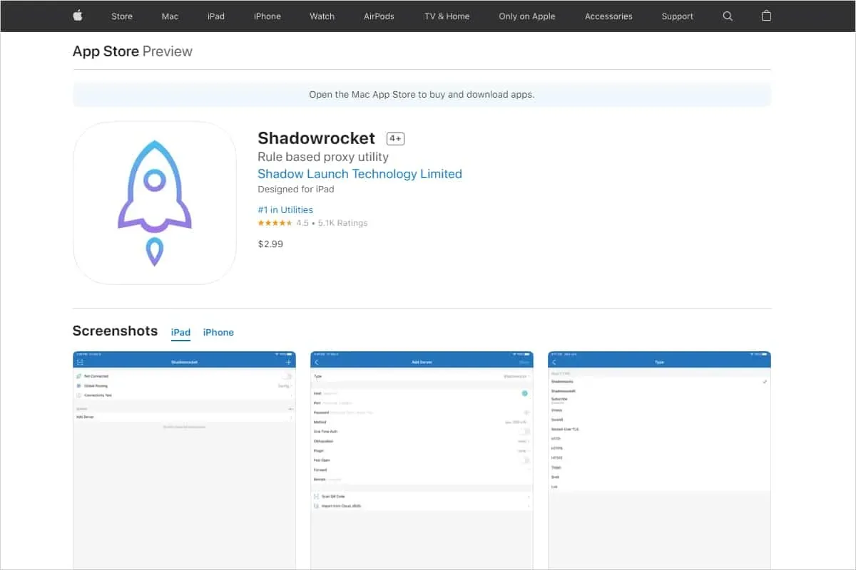 苹果官网 App Store 预览页里的 Shadowrocket,美区标价 2.99 美元
