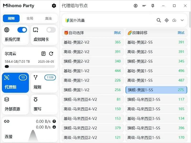 旧名 Mihomo Party 时期的 Clash Party 主窗口,左栏为卡片式菜单,右栏为节点延迟列表