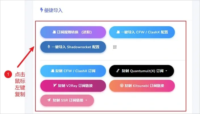 OpenClash 教程配图,机场面板便捷导入区,列出复制 CFW / ClashX 订阅等按钮