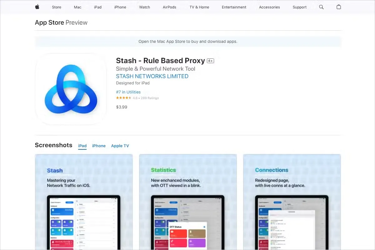 苹果官网 App Store 预览页上的 Stash - Rule Based Proxy,截图时标价 3.99 美元