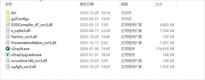 v2rayN 解压后的文件夹,包含 bin、guiConfigs 两个文件夹和 v2rayN.exe 主程序