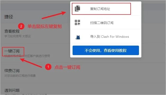 OpenClash 教程配图,机场面板的一键订阅弹窗,红框标出复制订阅地址