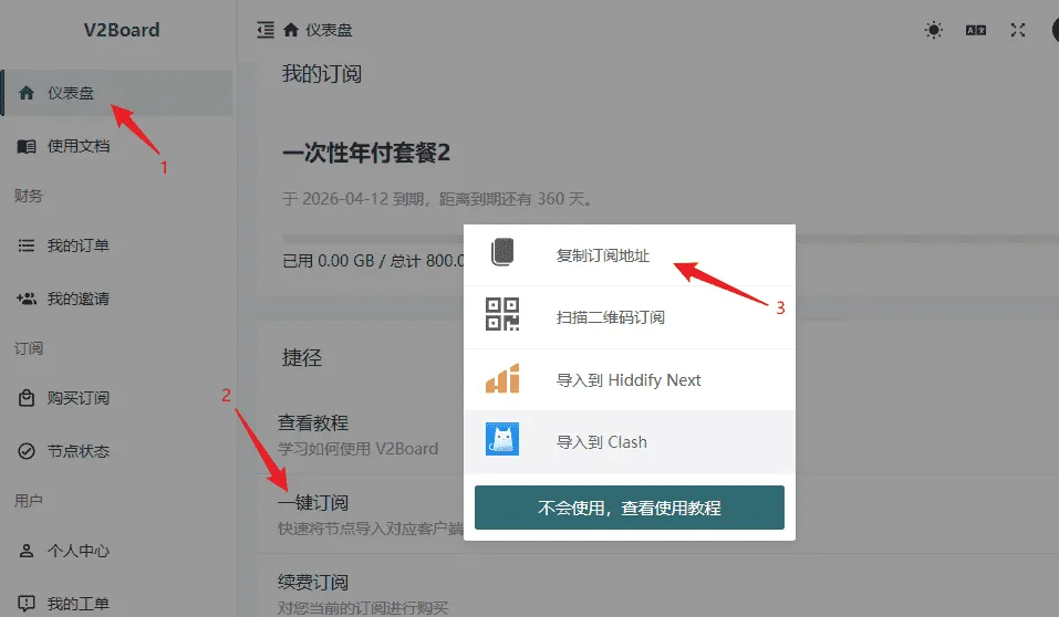 FlClash 教程配图,V2Board 用户中心点一键订阅后弹出菜单,箭头指向复制订阅地址