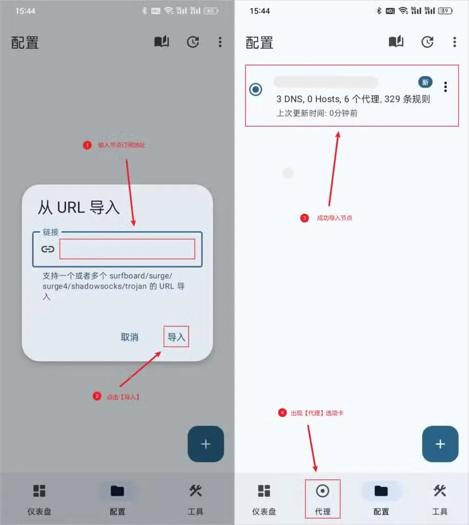 Surfboard 从 URL 导入对话框,右图为导入成功的配置卡片和新出现的代理选项卡