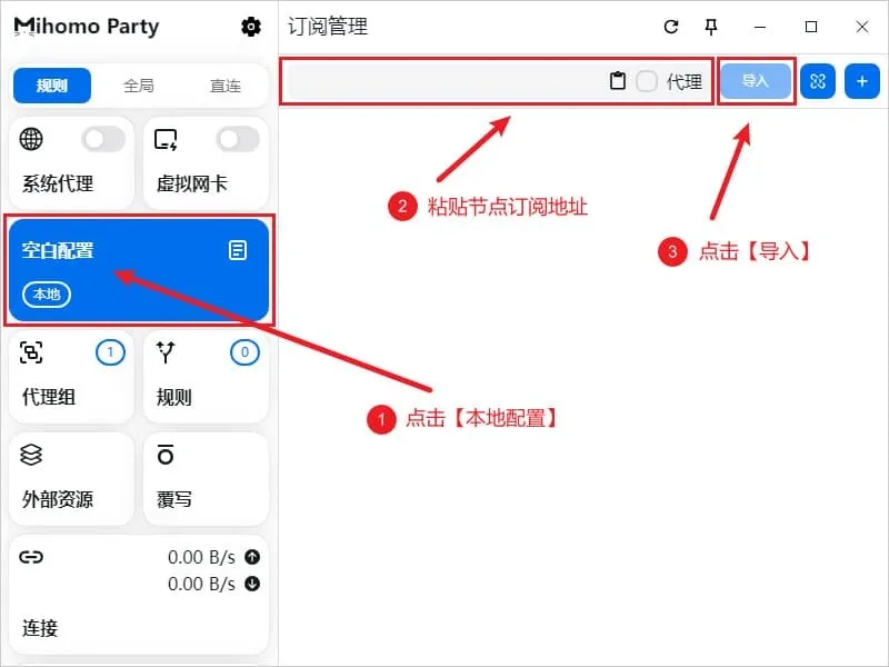Clash Party 导入订阅示意,空白配置卡片、链接输入框和导入按钮依次被红框圈出