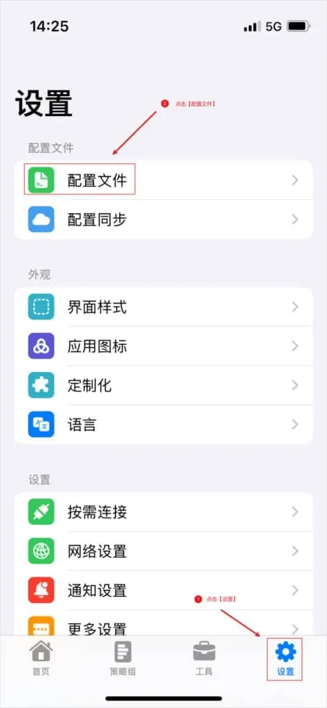 Stash 设置页,标注先点底部的设置标签,再点配置文件