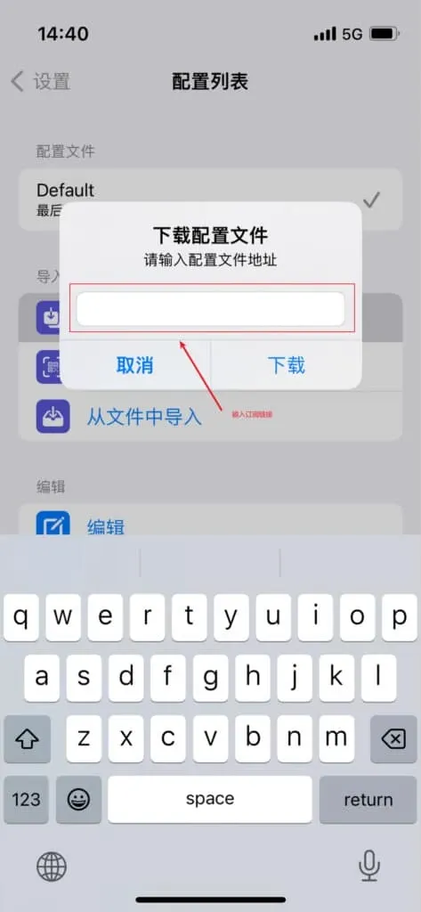 Stash 下载配置文件对话框,提示输入配置文件地址,下方有取消和下载按钮