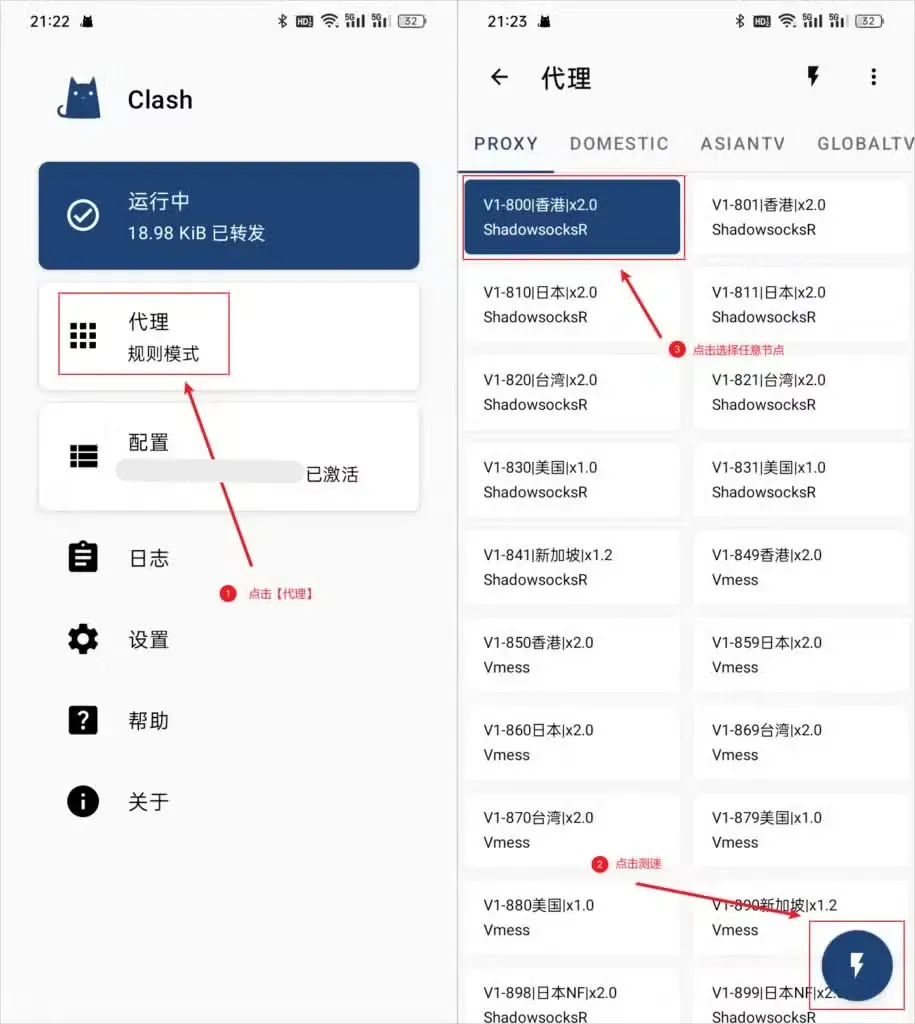 Clash for Android 启动后首页显示运行中,代理页 PROXY 分组里选中了香港节点
