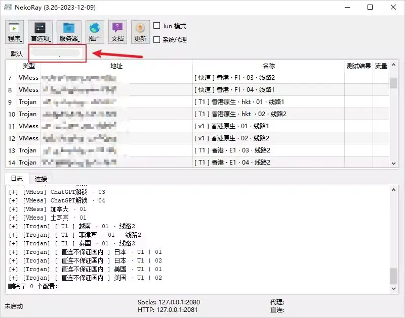 NekoRay 主界面新增订阅标签,列表中是香港 VMess 和 Trojan 节点,地址已打码